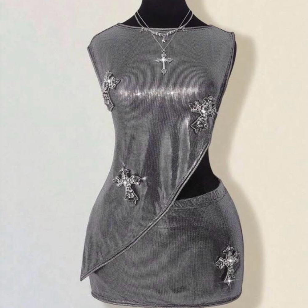 Silver Sleeveless Dress with Cross Accents